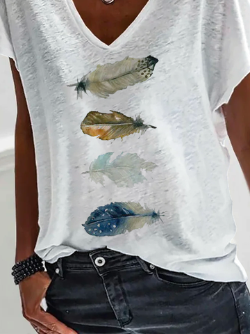T-shirts Décontracté Été à Motif de Plume Col V Aucune élasticité Quotidien Jersey Droit CF pour Femmes