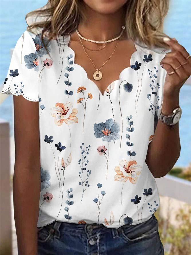 T-shirts Femmes Décontracté Floral Été Tricoté Col V Évidée de Fleurs Micro-élasticité Quotidien Droit