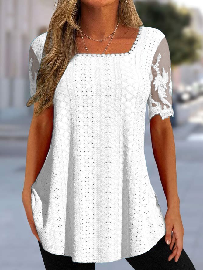 Chemises Plain Été Simple Polyester Col Carré Coupe Régulière Dentelle Manches Courtes Mi-long pour Femmes