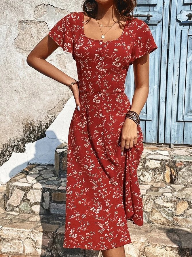 Robes Floral Été Élégant Col Carré Manches volantées Micro-élasticité Coupe Régulière Mi-longue Manches Courtes pour Femmes