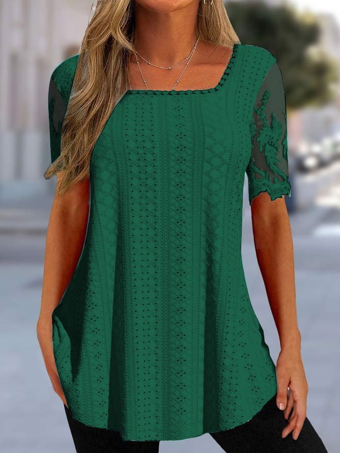 Chemises Plain Été Simple Polyester Col Carré Coupe Régulière Dentelle Manches Courtes Mi-long pour Femmes