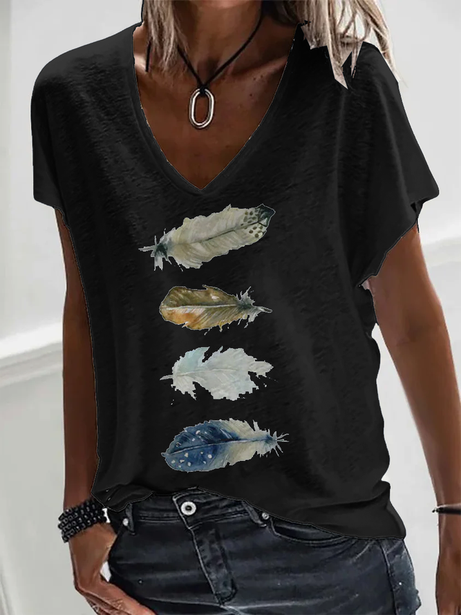 T-shirts Décontracté Été à Motif de Plume Col V Aucune élasticité Quotidien Jersey Droit CF pour Femmes
