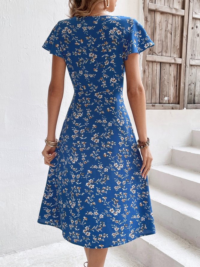 Robes Floral Été Élégant Col Carré Manches volantées Micro-élasticité Coupe Régulière Mi-longue Manches Courtes pour Femmes