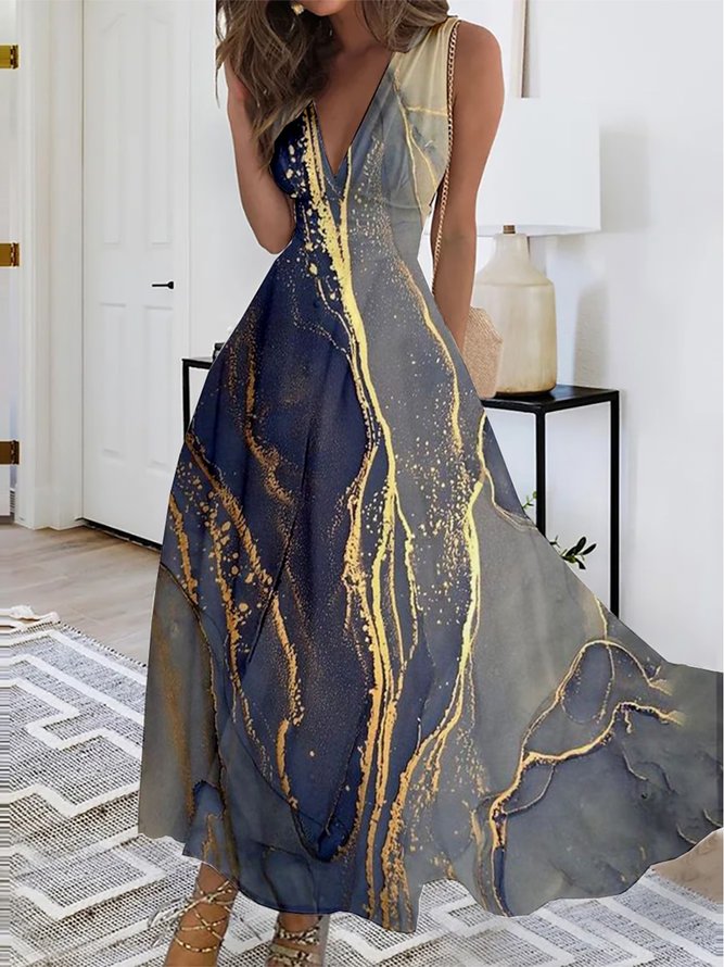 Robes Ombre Été Élégant Col V Naturel Léger Maxi Sans Manches Ligne X