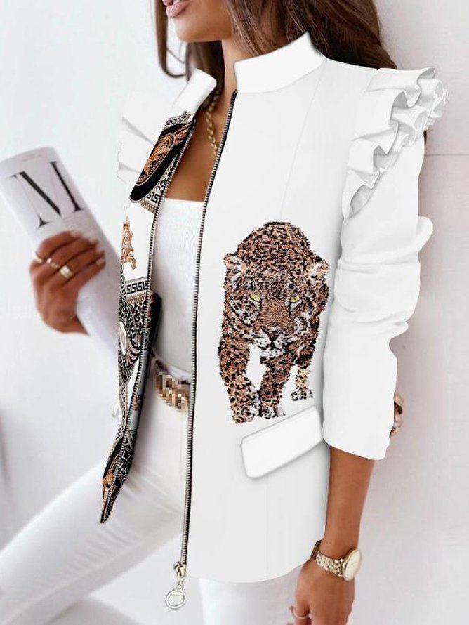 Blazers Décontracté tigre Printemps / Automne Zip Col Montant Naturel Meilleure vente Manches trois quarts Régulier pour Femmes