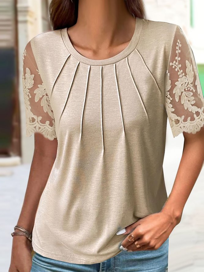 Chemises Décontracté Plain Été Dentelle Jersey Manches Courtes Col Rond Droit Élasticité moyenne pour Femmes