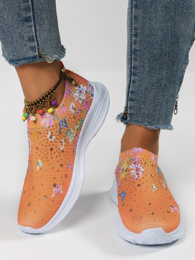 Tricoté à La Mouche Baskets Floral Sportif Toutes Les Saisons Haute-Élastique Quotidien à Talon Plat Bout Fermé Tissu de Maille Tissu pour Femmes
