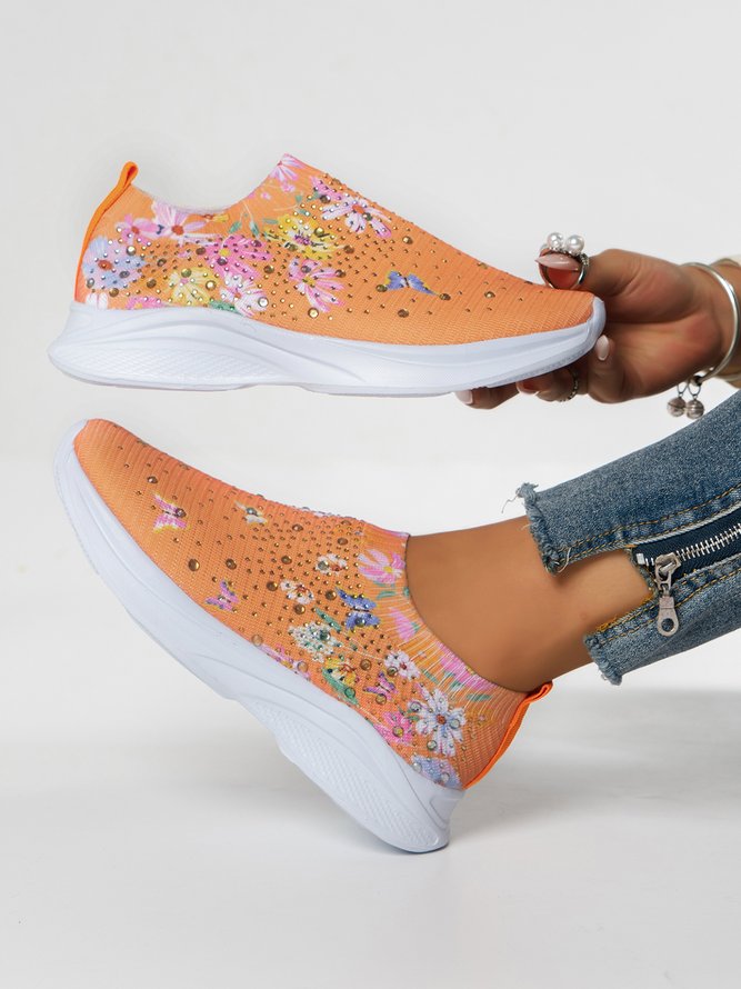 Tricoté à La Mouche Baskets Floral Sportif Toutes Les Saisons Haute-Élastique Quotidien à Talon Plat Bout Fermé Tissu de Maille Tissu pour Femmes