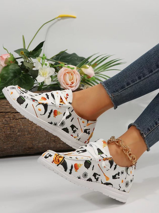 Profond bouche Unique Chaussures Femmes Décontracté Toutes Les Saisons Toussaint Imprimé Toile à Lacets Antidérapant Polyuréthane Chaussure bateau