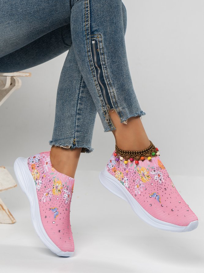 Tricoté à La Mouche Baskets Floral Sportif Toutes Les Saisons Haute-Élastique Quotidien à Talon Plat Bout Fermé Tissu de Maille Tissu pour Femmes