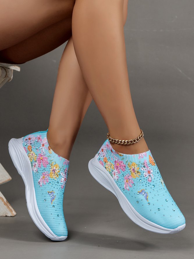 Tricoté à La Mouche Baskets Floral Sportif Toutes Les Saisons Haute-Élastique Quotidien à Talon Plat Bout Fermé Tissu de Maille Tissu pour Femmes