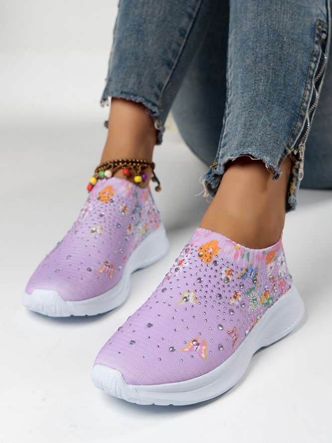 Tricoté à La Mouche Baskets Floral Sportif Toutes Les Saisons Haute-Élastique Quotidien à Talon Plat Bout Fermé Tissu de Maille Tissu pour Femmes