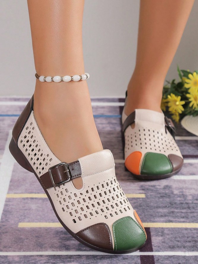 Profond bouche Unique Chaussures Rétro Bloc de Couleur Toutes Les Saisons Joint Fendu Respirable Quotidien Bout Rond PU Rétro Style pour Femmes