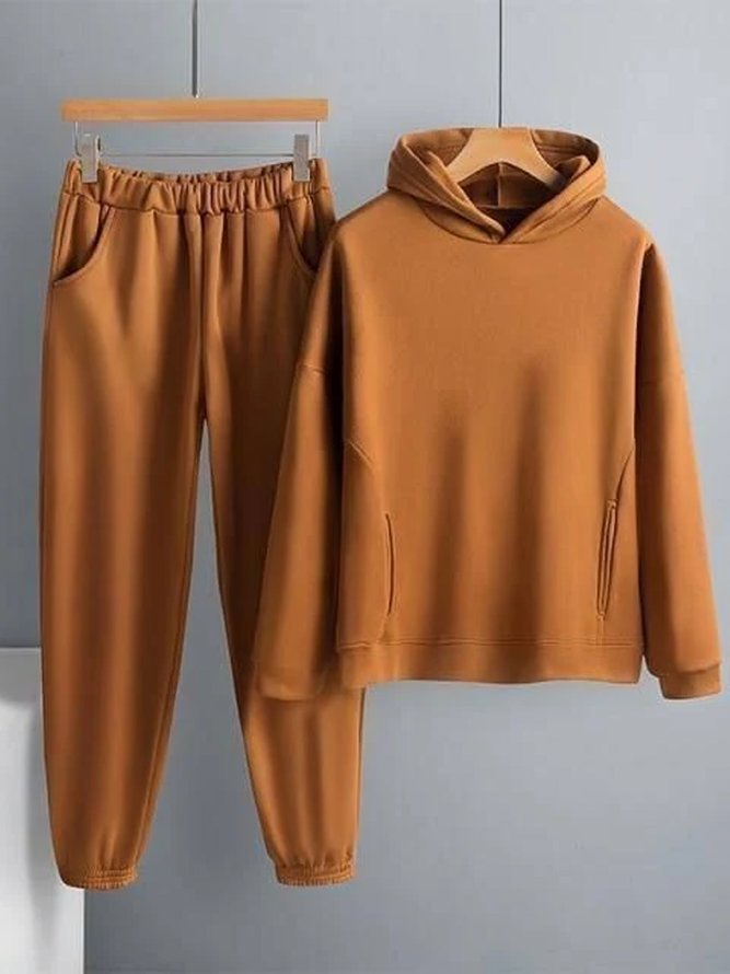 Deux Pièces Ensembles Femmes Décontracté Plain Printemps / Automne Polyester Sweat-shirt à Capuche Taille Élastique Top Avec Pantalons Droit Poche Couture