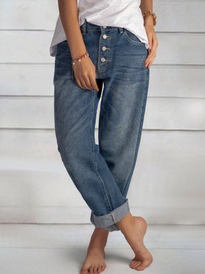Jeans Décontracté Uni Printemps Coton Poids moyen Pas d'élasticité Taille mi-haute Longue H-Line pour Femme