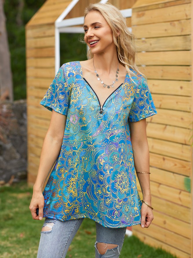T-shirt Décontracté Ethnique Eté Micro-élasticité Quotidien Polyester Coton Manches courtes Régulier H-Line pour Femme