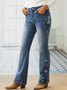 Jeans Décontracté Floral Automne Boutons Naturel Micro-Élasticité Quotidien Cloche-Bas de pantalon Long pour Femmes