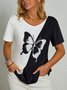 T-shirt Femme Décontracté Été Papillon Col en V Léger Micro-élasticité Jersey Régulier H-Line