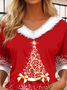 T-shirts Décontracté Printemps / Automne Sapin de Noël Col V Coupe Régulière Manches Longues Mi-long Régulier Col de Fourrure pour Femmes