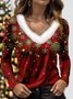 T-shirts Décontracté Printemps / Automne Noël Col V à Haute Élasticité Quotidien Jersey Noël Manches Longues pour Femmes