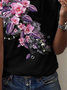 T-shirts Femmes Décontracté Floral Été Ample Manches Courtes Col Rond en Mélangé de Coton Droit Régulier