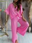 Deux Pièces Ensembles Décontracté Plain Été Col V Ample Demi Manche Top Avec Pantalons Droit Régulier pour Femmes