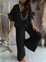 Deux Pièces Ensembles Décontracté Plain Été Col V Ample Demi Manche Top Avec Pantalons Droit Régulier pour Femmes