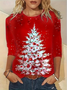 T-shirts Femmes Décontracté Printemps / Automne Sapin de Noël Imprimé Micro-élasticité Vacances Manches Longues Col Rond Droit