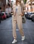 Deux Pièces Ensembles Femmes Décontracté Plain Printemps / Automne Naturel Micro-élasticité Jersey Col Châle Top Avec Pantalons Droit