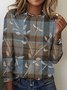 T-shirts Rétro Printemps / Automne Plaid Coton Micro-élasticité Coupe Régulière Manches Longues Trapèze Régulier pour Femmes