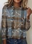 T-shirts Rétro Printemps / Automne Plaid Coton Micro-élasticité Coupe Régulière Manches Longues Trapèze Régulier pour Femmes
