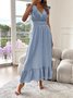 Robes Femmes Rétro Plain Été Polyester Col V Manches Drapées Maxi Trapèze Régulier