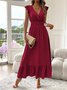 Robes Femmes Rétro Plain Été Polyester Col V Manches Drapées Maxi Trapèze Régulier