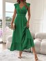 Robes Femmes Rétro Plain Été Polyester Col V Manches Drapées Maxi Trapèze Régulier