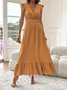 Robes Femmes Rétro Plain Été Polyester Col V Manches Drapées Maxi Trapèze Régulier