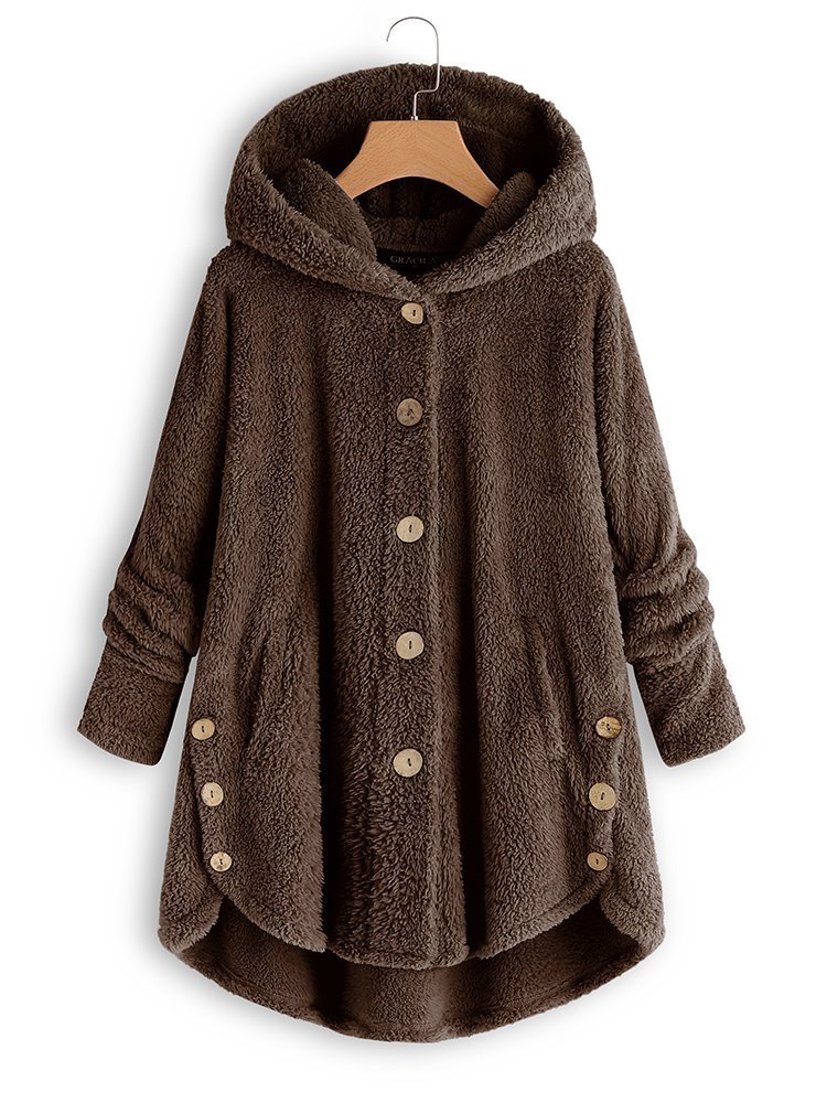 Cozy Long Sleeve Fleece Hooded Fuzzy Asymmetrical Hem Button Teddy Bear ...