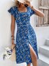 Robes Floral Été Élégant Col Carré Manches volantées Micro-élasticité Coupe Régulière Mi-longue Manches Courtes pour Femmes