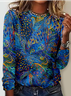 Chemises Décontracté Printemps / Automne Bleu Paon Polyester Micro-élasticité Manches Longues Col Rond Régulier Droit pour Femmes