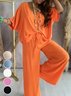 Deux Pièces Ensembles Décontracté Plain Été Col V Ample Demi Manche Top Avec Pantalons Droit Régulier pour Femmes