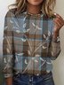 T-shirts Rétro Printemps / Automne Plaid Coton Micro-élasticité Coupe Régulière Manches Longues Trapèze Régulier pour Femmes